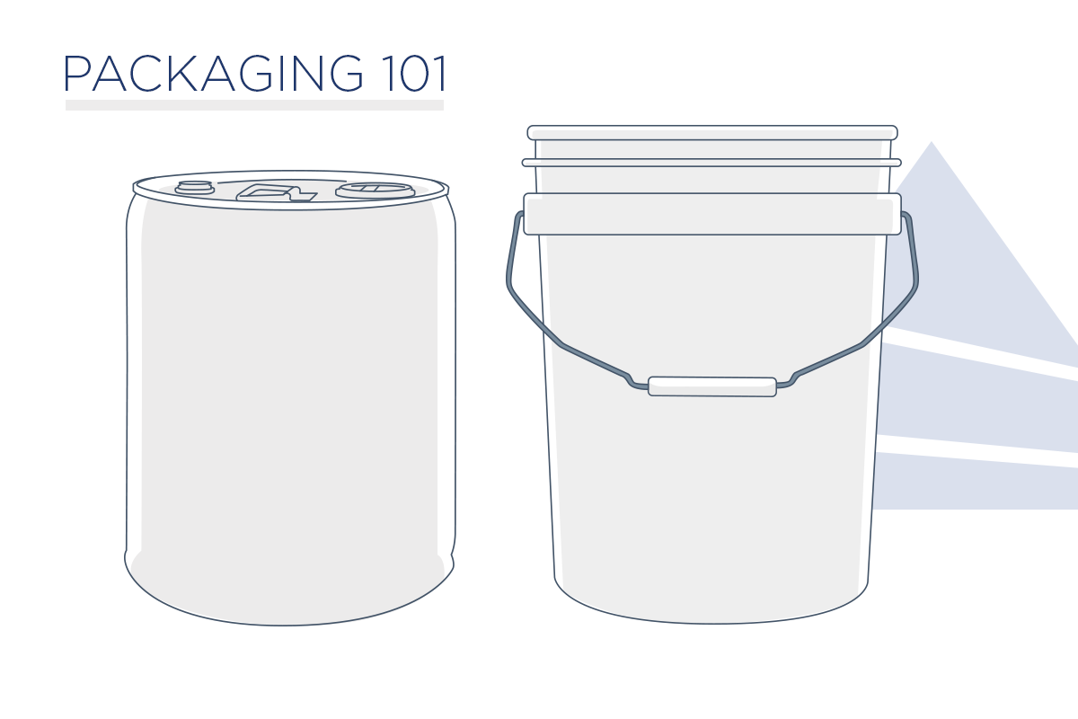 Packaging 101 About Pails drawing featuring steel tight head and plastic open head pail.