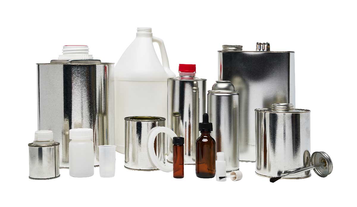 Common aerospace rigid packaging includes cylinder round bottles, boston round bottles, industrial jugs, glass bottles and vials, tinplate monotop cans, conetop cans, aerosol cans, touch-up kit, and f-style can.