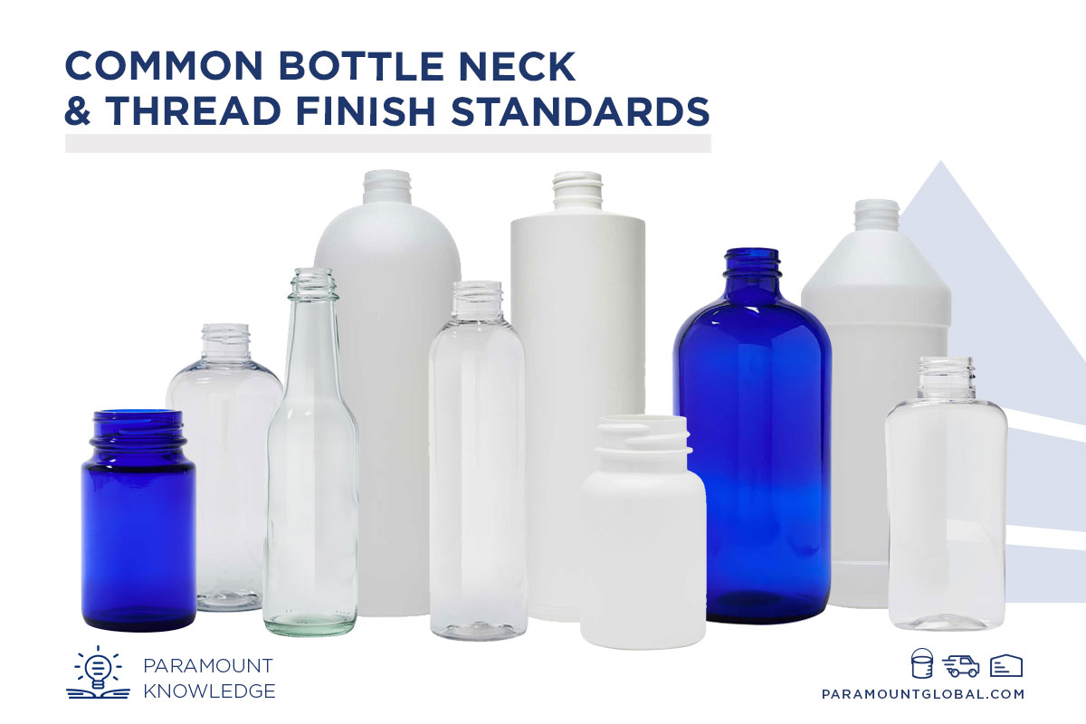 Common bottle neck and thread finish standards banner featuring a variety of plastic and glass bottles.