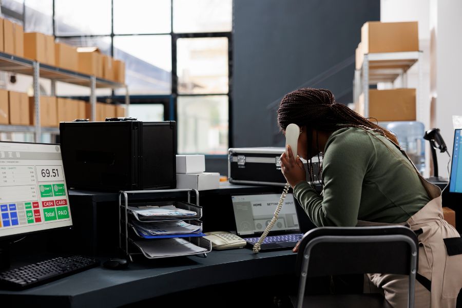 Supply chain manager on phone tracking shipment