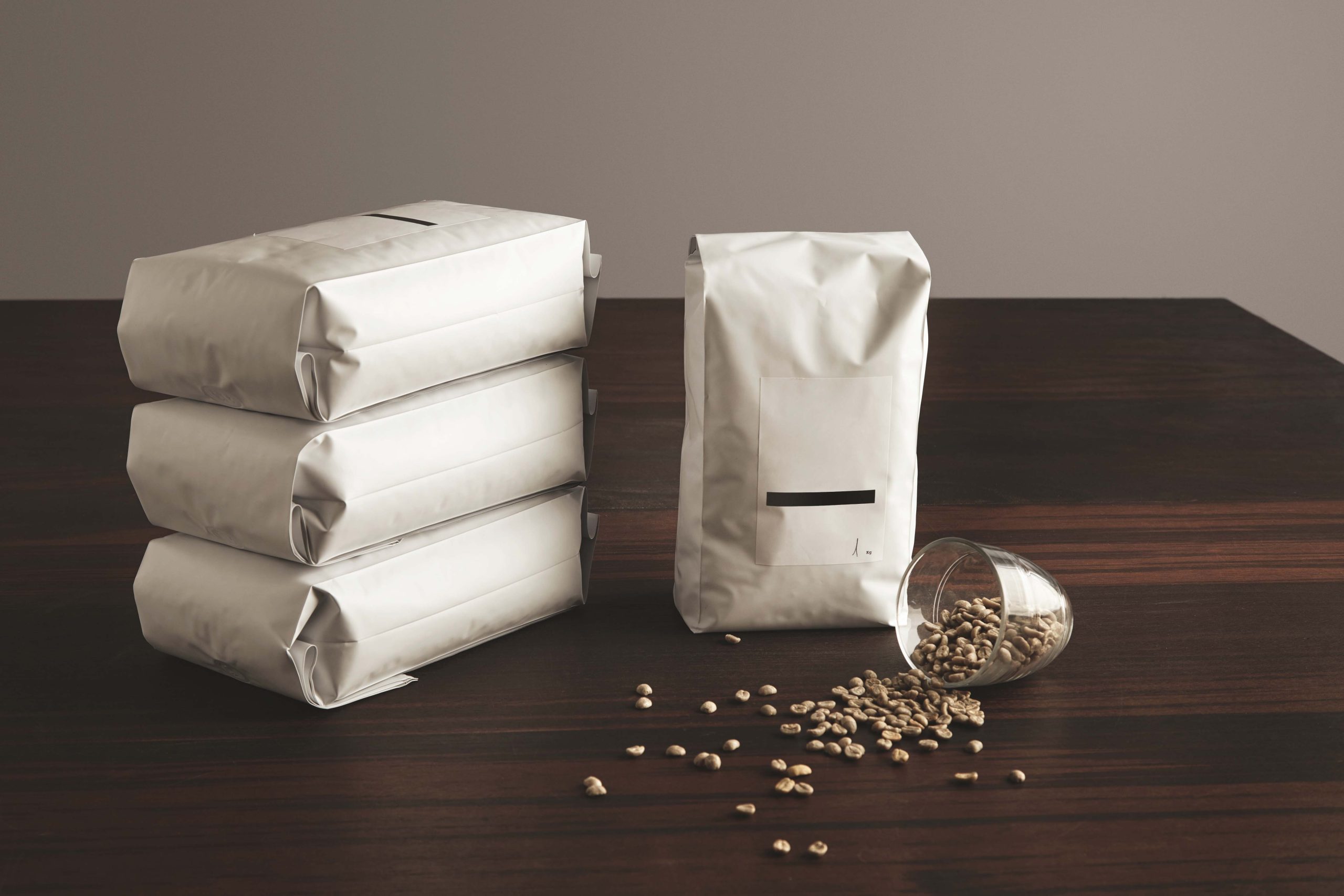 White side gusset coffee bags with coffee beans