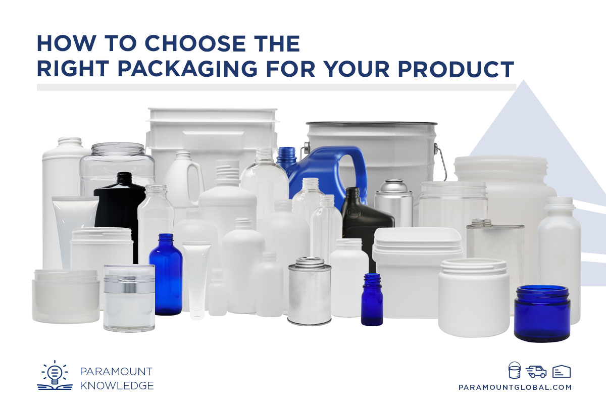 How to Choose the Right Packaging Image Banner featuring bottles, jars, tubes, pails, cans, and jug.