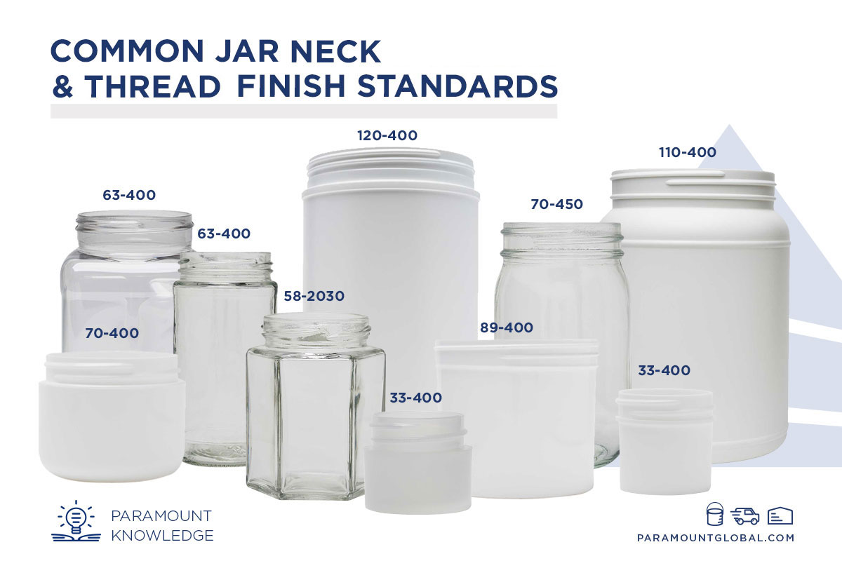 Common jar neck and thread finish standards featuring different-sized jars