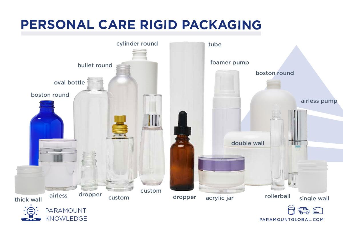 Group image of personal care rigid packaging that features boston round bottles, airless jar, thick wall jar, dropper bottles, custom bottles, acrylic jars, bullet round bottle, oval bottle, rollerball bottle, single wall jar, double wall jar, airless bottle, and foamer pump.