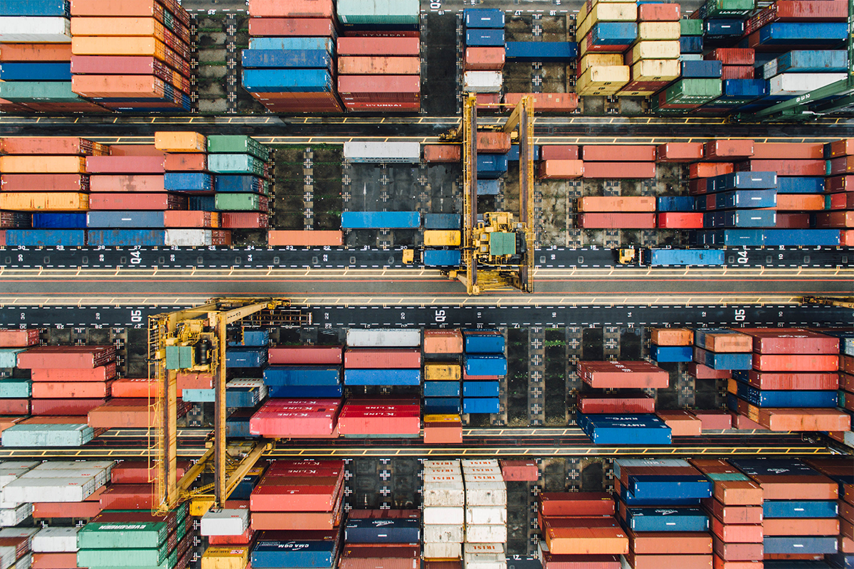 Aerial view of containers in a port