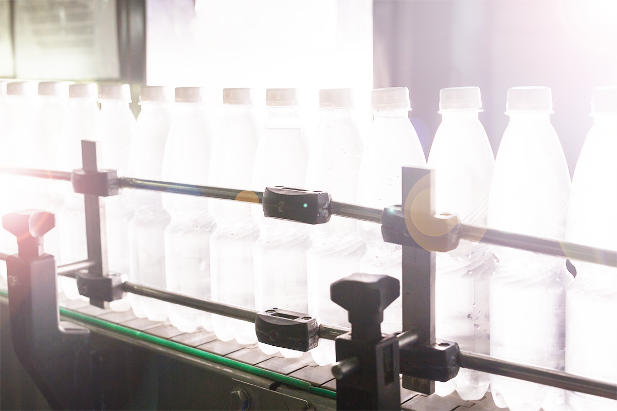 Assembly line of plastic bottles