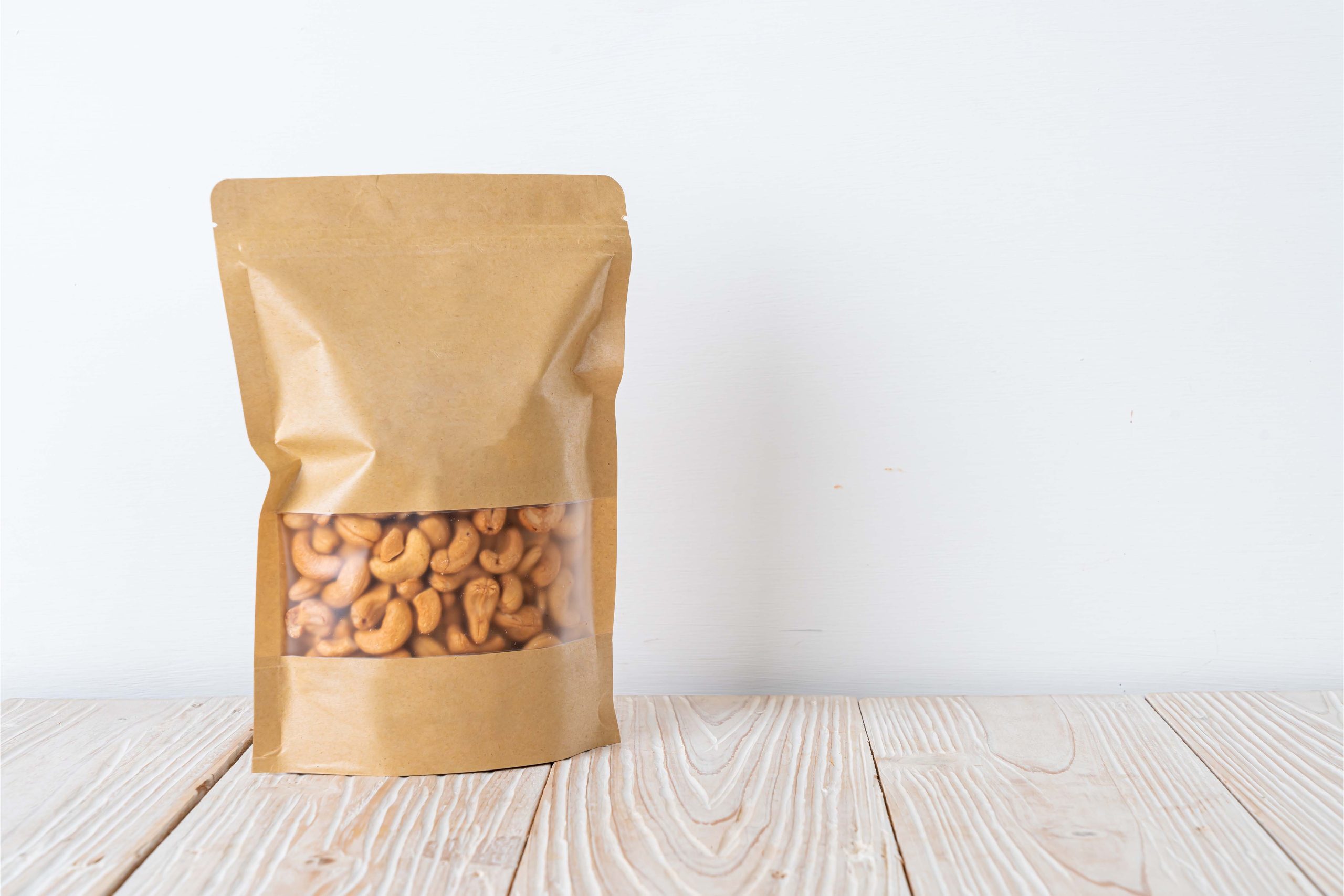 Cashew Nuts in Stand Up Pouch against white background