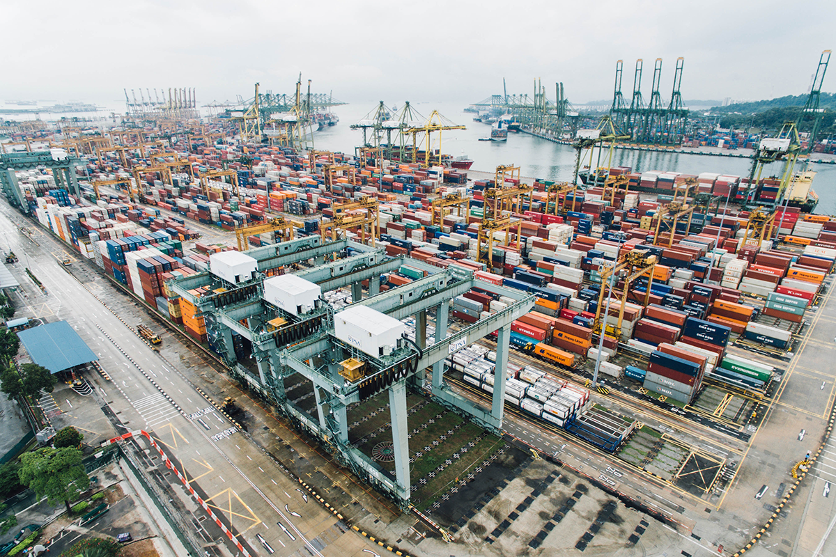 Image of aerial view of containers in a port