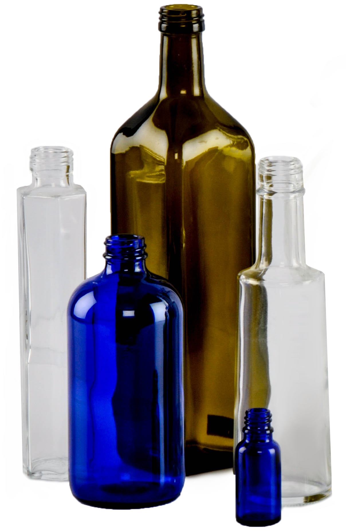 Small family of glass bottles featuring green olive oil bottle, cobalt boston round bottles, and other clear flint glass bottles.