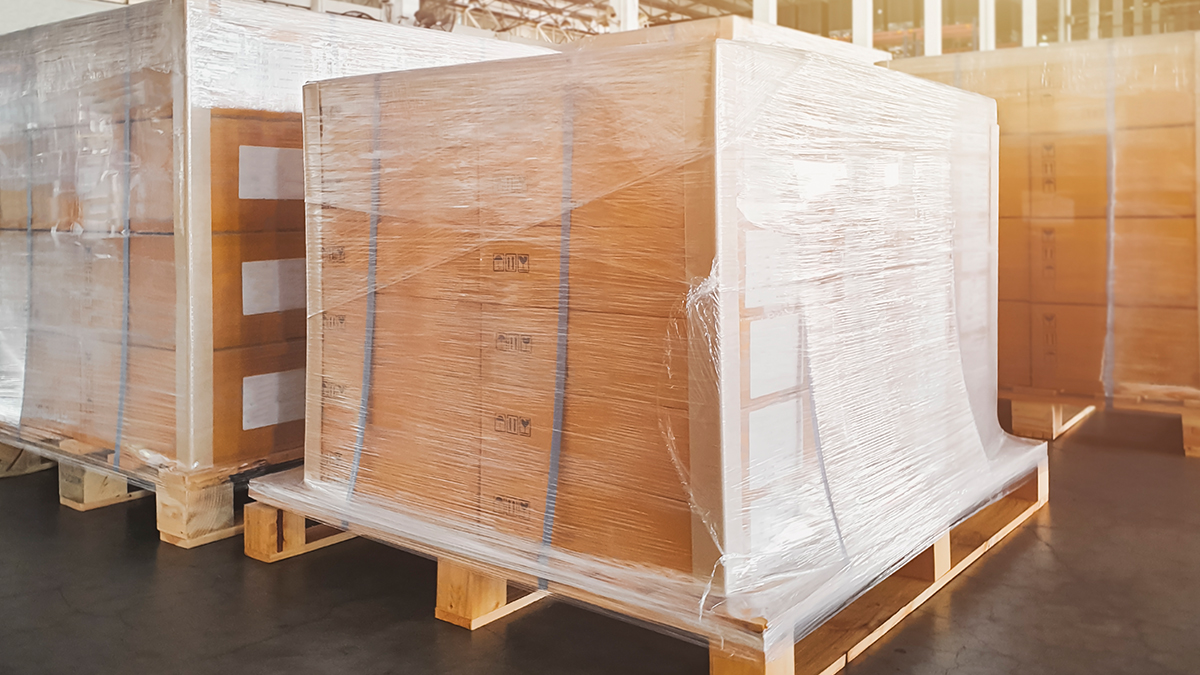 manufacturer packaged crates wrapped in stretch film