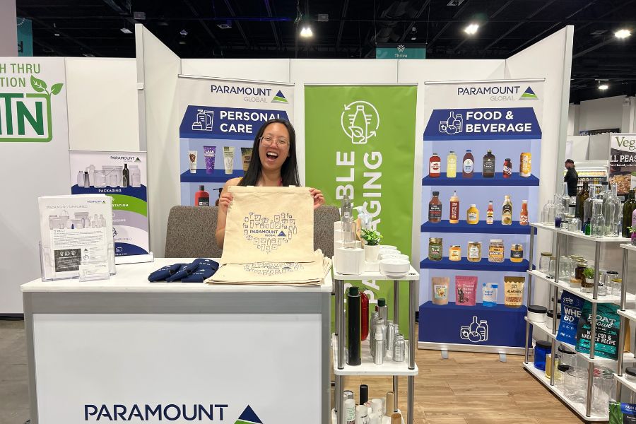 Paramount Global trade show booth with tote bag swag