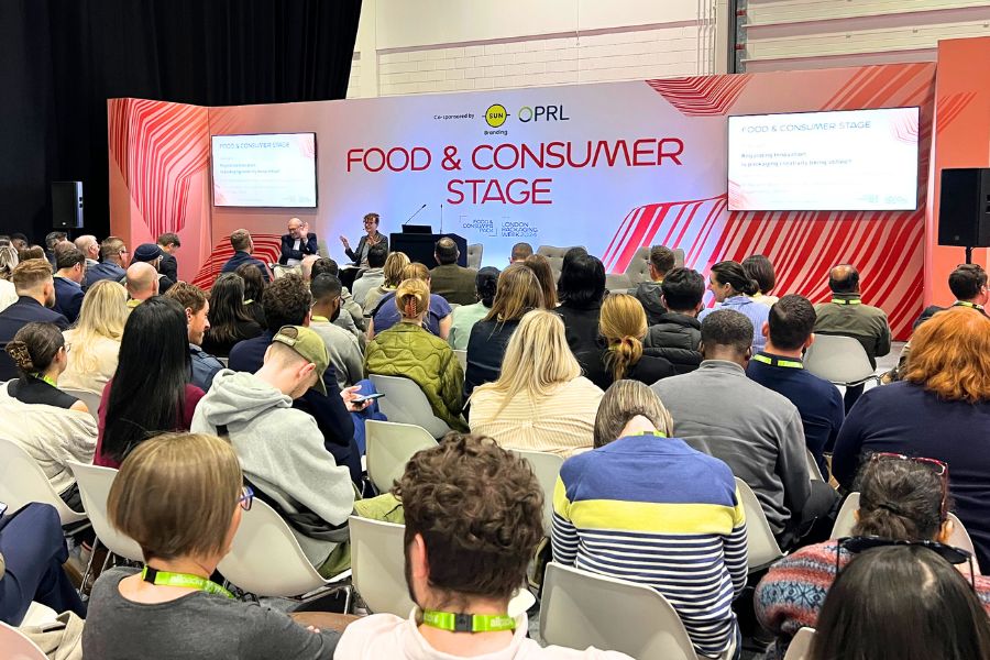 Atendees sit in on a food packaging seminar at London Packaging Week