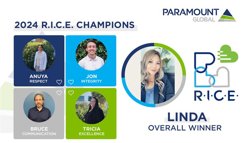 The Paramount 2024 R.I.C.E. Champions are Anuya for Respect, Jon for Integrity, Bruce for Communication, Tricia for Excellence, and Linda as the overall RICE winner