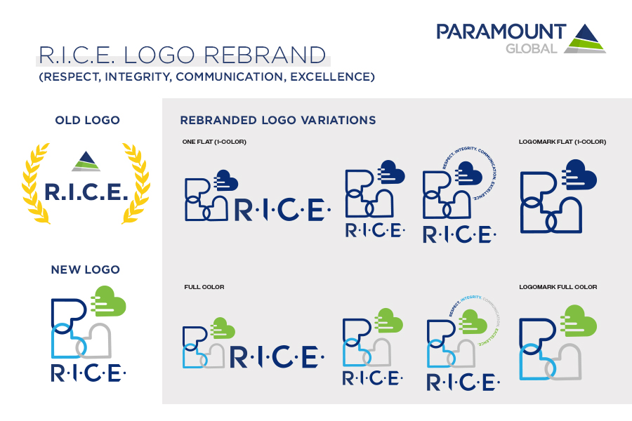 RICE Logo Rebrand Design Process. The old logo features Paramount Global's triangle logo with R.I.C.E. text below and laurel wreath surrounding it. The new logo features 3 intertwined hearts in line-drawn style in Paramount colors outlined in navy, aqua, and gray, and a 4th heart hovering above in solid green with 3 lines representing movement and R.I.C.E. text on the bottom if the logo.