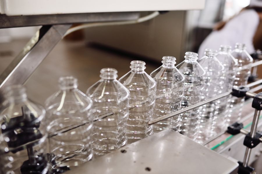 rPET plastic bottles on production line