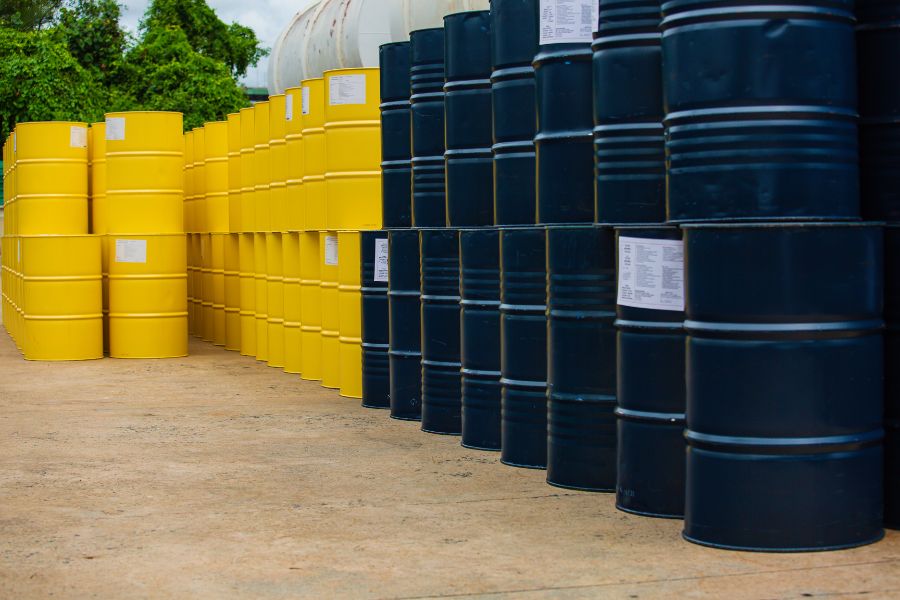 Stacked yellow and blue metal drums