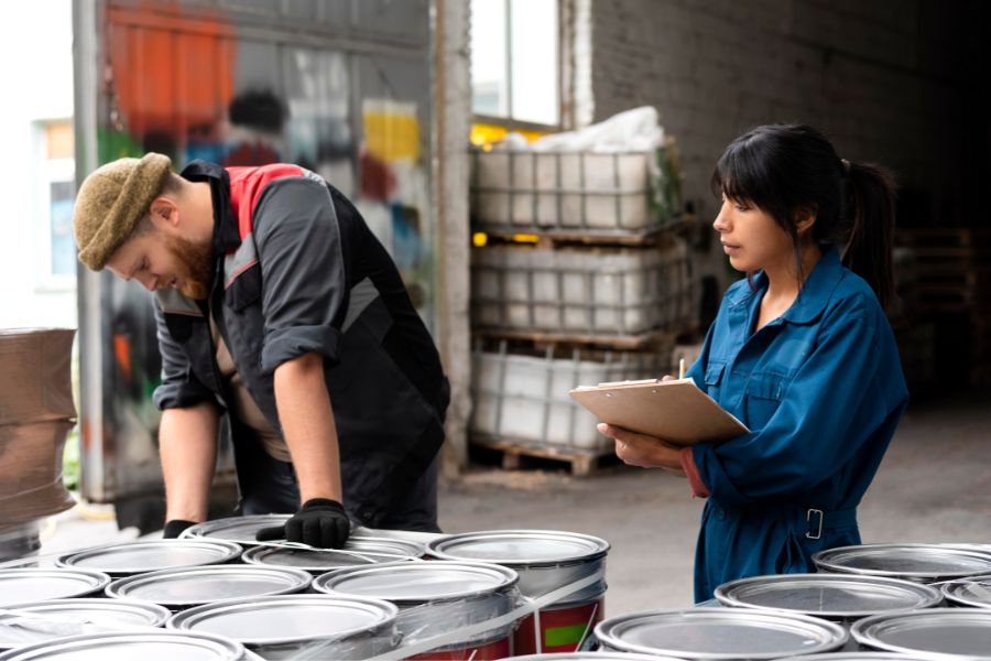 Employees inspect drum packaging during a packaging audit