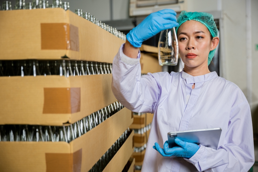 Quality Control Officer inspects packaging before labeling