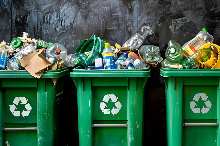 Green Waste Collection Bins filled overflowing with paper and plastic products to be recycled