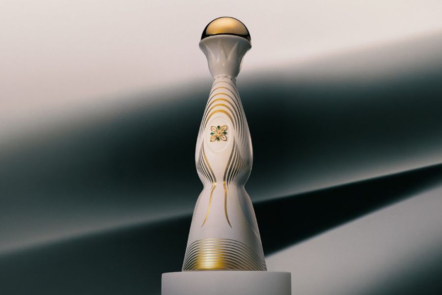 Limited edition Clase Azul ceramic tequila bottle with gold detailing and green stones in logo design for the 2026 FIFA World Cup