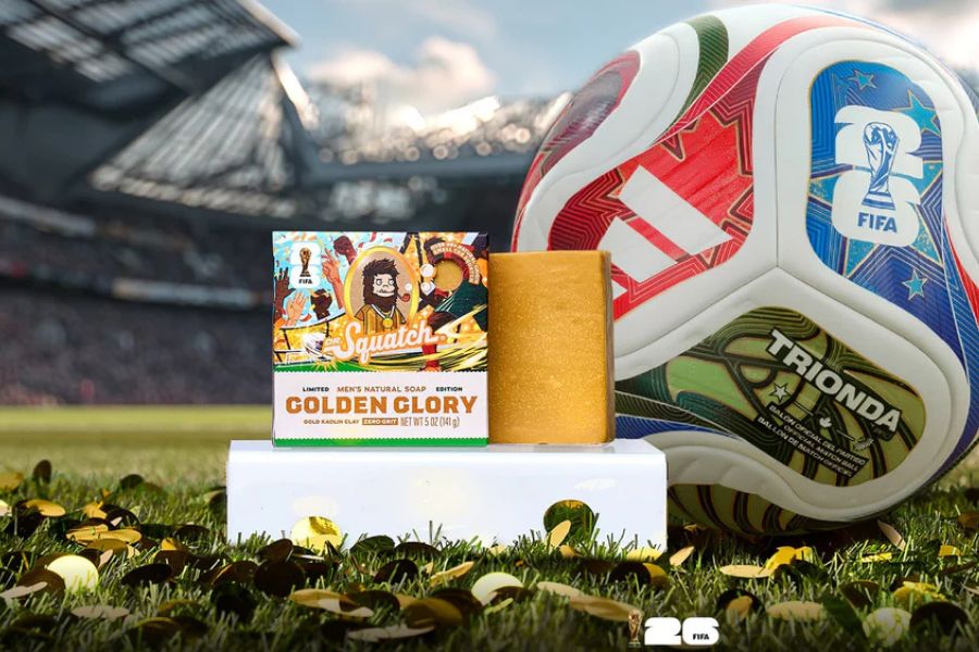 Dr. Squatch’s special edition Golden Glory bar soap packaging features bold celebratory graphics, and the bar itself is golden yellow and is crisp bergamot and fresh cotton scented.