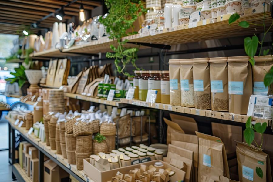 A variety of sustainable packaged products on a retail shelf including paperboard and kraft paper bags, boxes, jars, and glass bottles with bamboo lids
