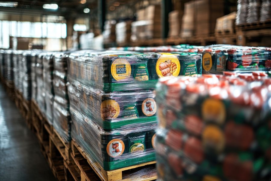 Bulk food packaged and ready for shipment sitting on pallets on warehouse floor.