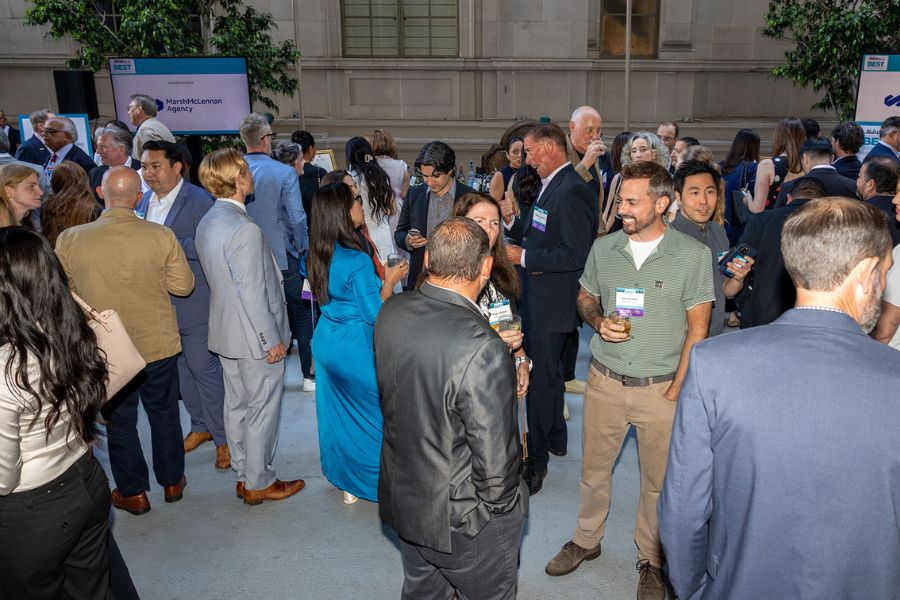 Attendees gather outdoors for cocktail hour at the 2026 Best Places To Work Award Ceremony at the Biltmore Los Angeles